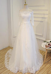 Beautiful Lace Sweep Train Wedding Dress, Simple Wedding Gowns, White Prom Dress Beautiful Lace Sweep Train Wedding Dress, Simple Wedding Gowns, White Prom Dress
