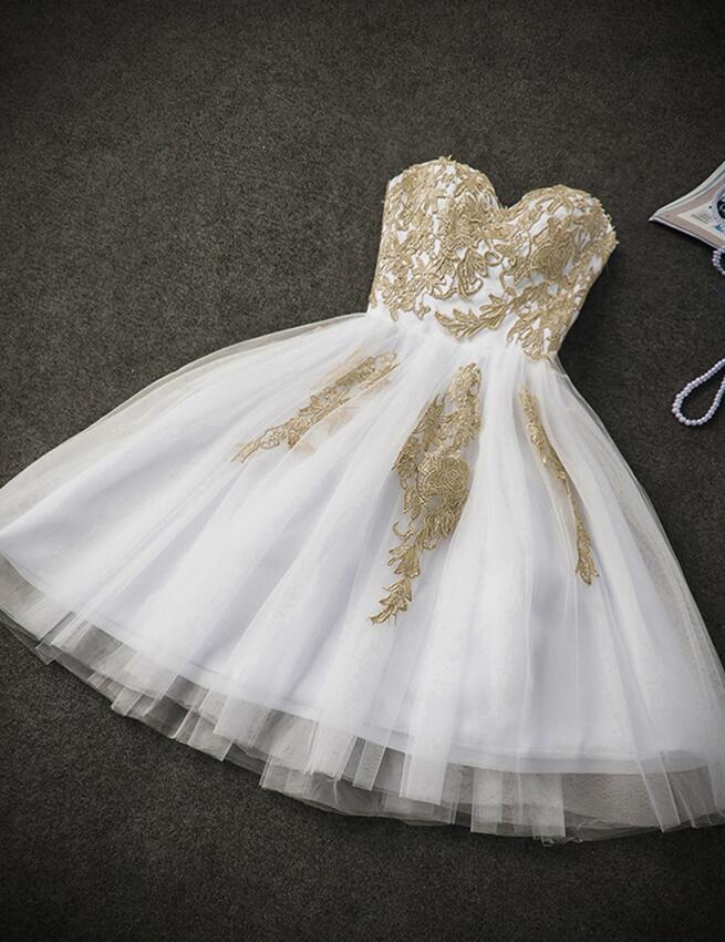 Cute White Tulle Party Dress with Gold Applique, Prom Dresses