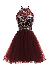 Wine Red Tulle Halter Beaded Gorgeous Lace-up Back Short Homecoming Dresses, Cute Party Dresses Wine Red Tulle Halter Beaded Gorgeous Lace-up Back Short Homecoming Dresses, Cute Party Dresses