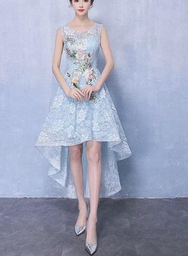 Light Blue Lace High Low Wedding Party Dresses, Elegant Formal Dresses, Prom Dresses