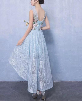 Light Blue Lace High Low Wedding Party Dresses, Elegant Formal Dresses, Prom Dresses