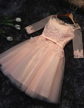 Light Pink Short Sleeves Lace Party Dress, Pink Bridesmaid Dresses, Cute Junior Prom Dress