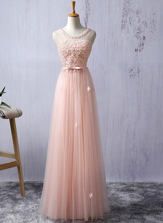 Light Pink Round Neckline Flowers Cute Floor Length Prom Dress, Weddin Cutedressy Light Pink Round Neckline Flowers Cute Floor Length Prom Dress, Weddin Cutedressy