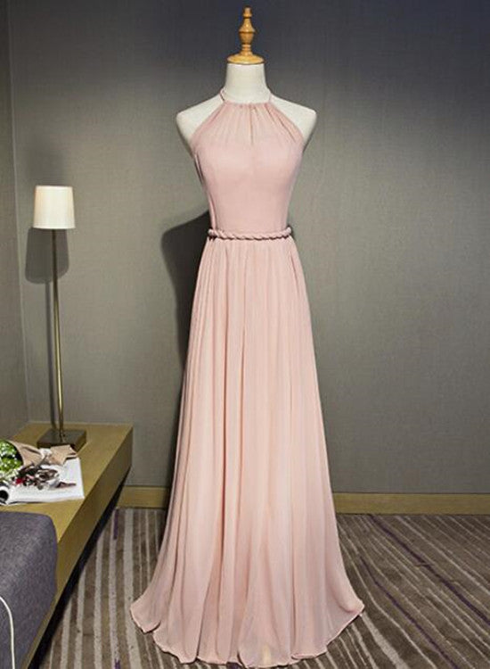 Light Pink Chiffon Halter Floor Length Prom Dress, Halter Bridesmaid D