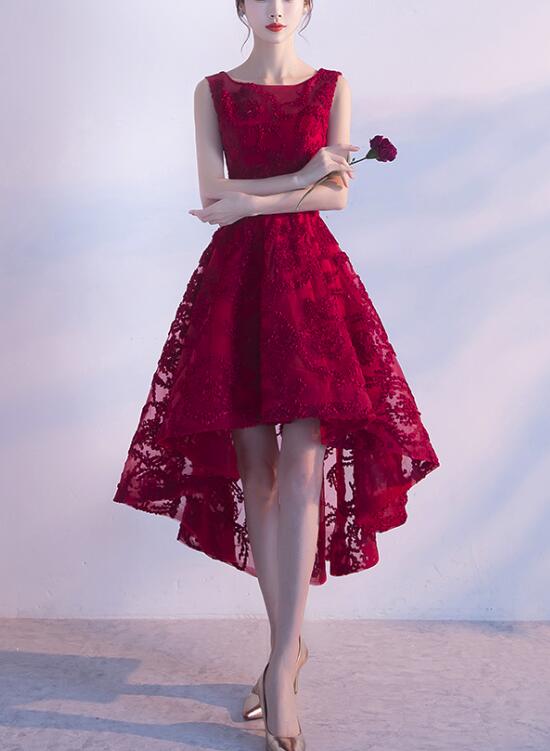 Wine Red Lace High Low Charming Formal Dress, Junior Party Dress