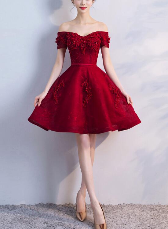 Adorable Wine Red Short Beaded Homecoming Dress, Short Prom Dress