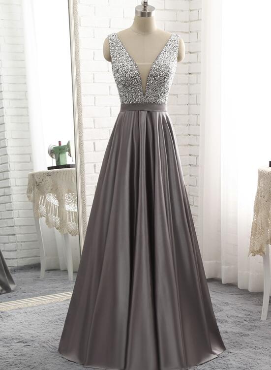 gray satin prom dress Beaded Lace & Satin Cut-out Mermaid Grey Prom Gown