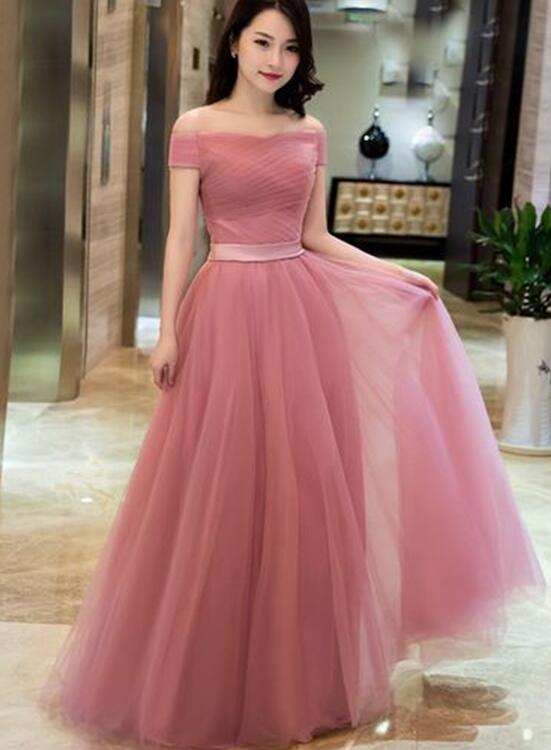 Lovely Pink Off Shoulder Tulle A-line Floor Length Formal Dress, Dark Cutedressy Lovely Pink Off Shoulder Tulle A-line Floor Length Formal Dress, Dark Cutedressy