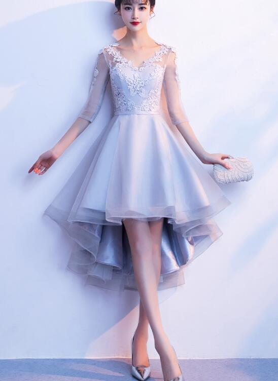 Grey Short Sleeves High Low Party Dress, Lace-up Backless Formal Dress