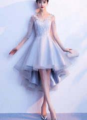 Grey Short Sleeves High Low Party Dress, Lace-up Backless Formal Dress Grey Short Sleeves High Low Party Dress, Lace-up Backless Formal Dress
