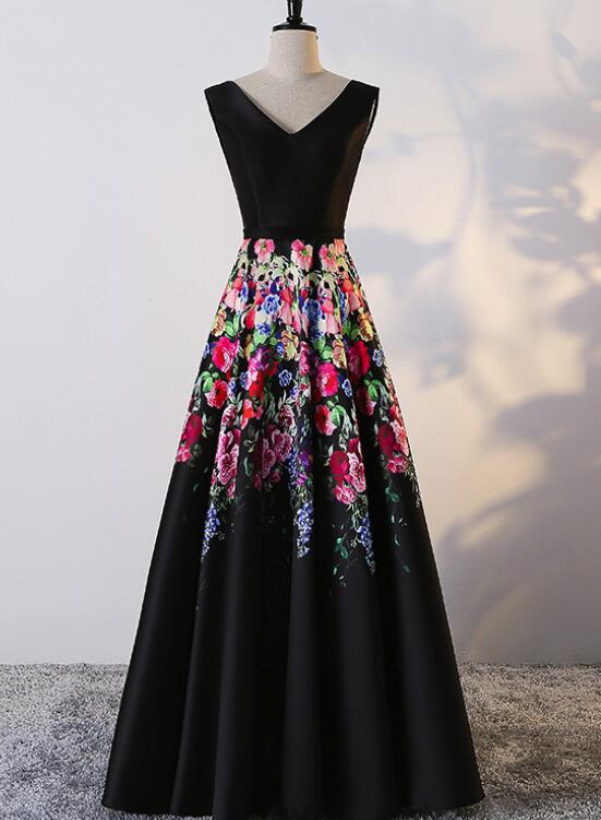 Black Floral Elegant Floor Length Party Dress , Black Satin Lace-up Fo Cutedressy Black Floral Elegant Floor Length Party Dress , Black Satin Lace-up Fo Cutedressy