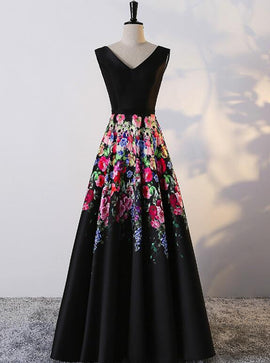 Black Floral Elegant Floor Length Party Dress , Black Satin Lace-up Formal Gown