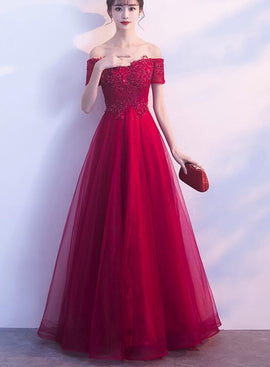 Dark Red Tulle Off Shoulder Elegant Junior Prom Dress, Junior Party Dress, Formal Dress