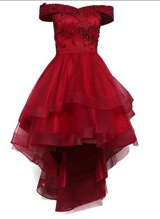 cute red dresses for prom Wine Red Off Shoulder Lace High Low Lace-up Cute Formal Dress, Lovely – Cutedressy
