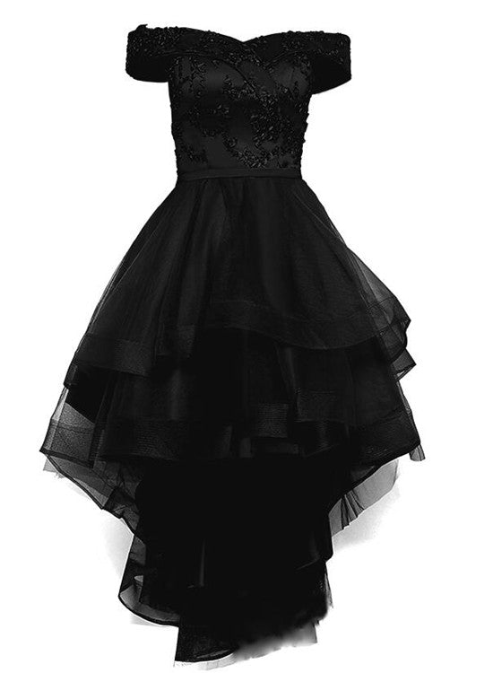 Black Off Shoulder Tulle and Lace High Low Homecoming Dress , Black Pr Cutedressy Black Off Shoulder Tulle and Lace High Low Homecoming Dress , Black Pr Cutedressy