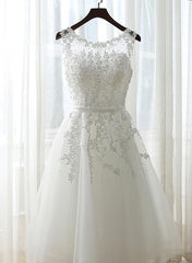 Cute White Simple Tea Length Round Neckline Wedding Party Dress, Prom Dress Cute White Simple Tea Length Round Neckline Wedding Party Dress, Prom Dress