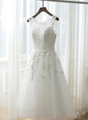 Cute White Simple Tea Length Round Neckline Wedding Party Dress, Prom Dress Cute White Simple Tea Length Round Neckline Wedding Party Dress, Prom Dress