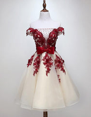 Champagne Tulle and Beautiful Lace Short Party Dress, Off Shoulder Party Dresses Champagne Tulle and Beautiful Lace Short Party Dress, Off Shoulder Party Dresses