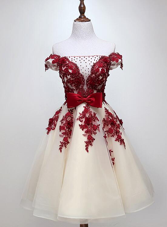 Champagne Tulle and Beautiful Lace Short Party Dress, Off Shoulder Party Dresses