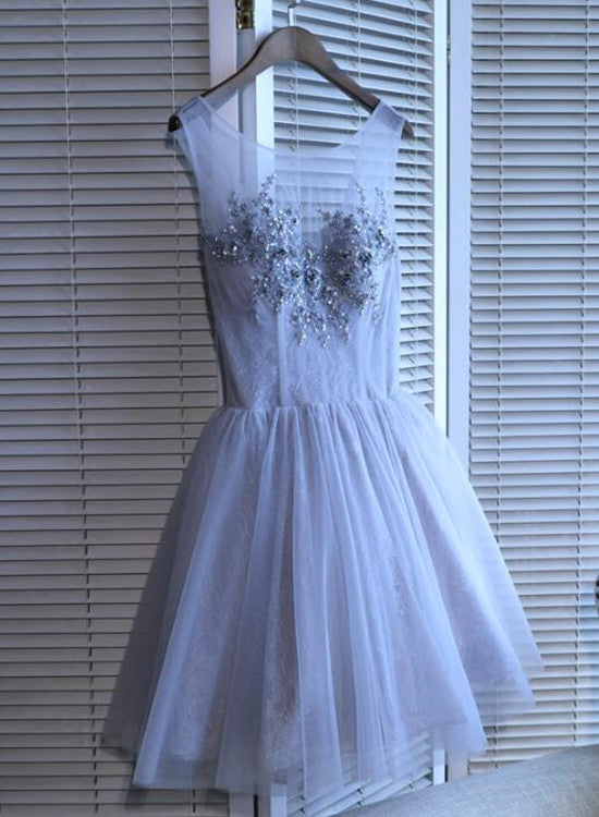 Light Grey Tulle Round Neckline Short Party Dresses, Grey Homecoming Dresses