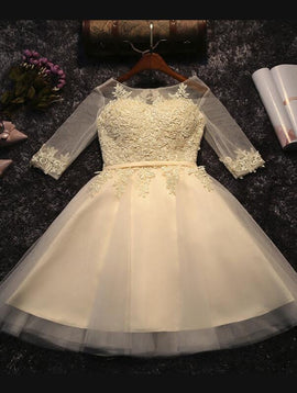 Light Champagne Round Neckline 1/2 Sleeves Tulle Party Dress, Lovely Teen Party Dresses