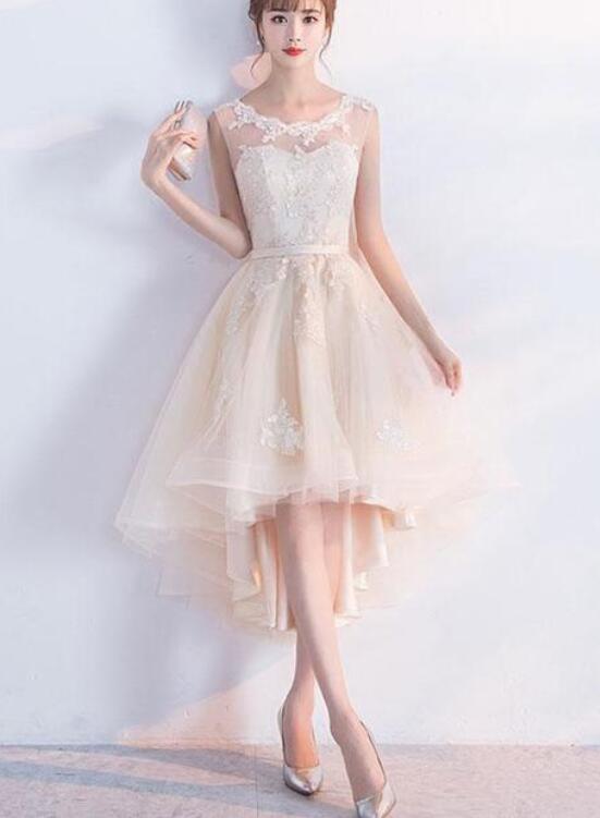 Champagne Lace Round Neckline High Low Tulle Formal Dress, Cute Party Dresses