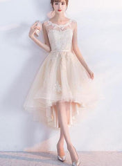 Champagne Lace Round Neckline High Low Tulle Formal Dress, Cute Party Dresses Champagne Lace Round Neckline High Low Tulle Formal Dress, Cute Party Dresses