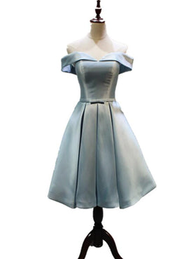 Light Blue Off Shoulder Knee Length Bridesmaid Dress, High Quality Prom Dresses
