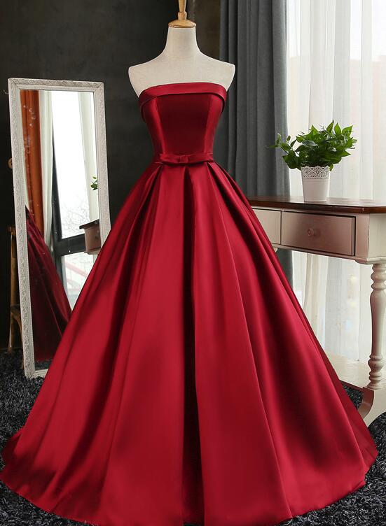 Wine Red Satin Long Formal Gown, Burgundy Sweet 16 Dresses, Cute Party Wine Red Satin Long Formal Gown, Burgundy Sweet 16 Dresses, Cute Party