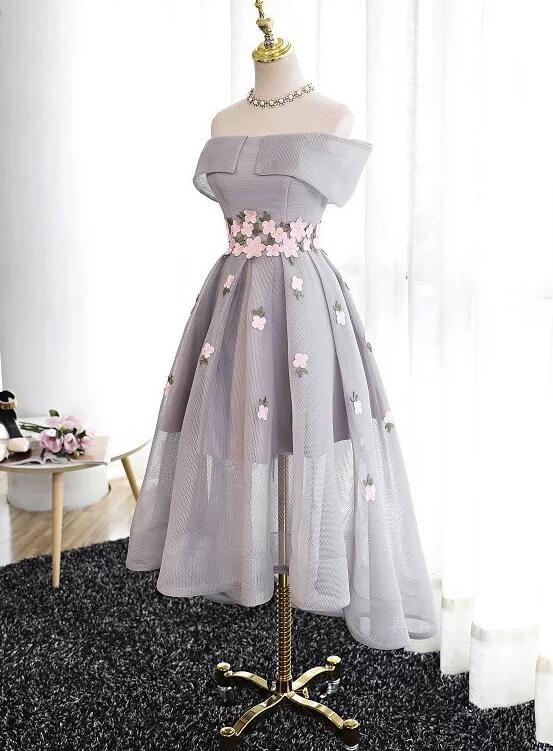 Grey Off Shoulder High Low Dress, High Low Formal Dress