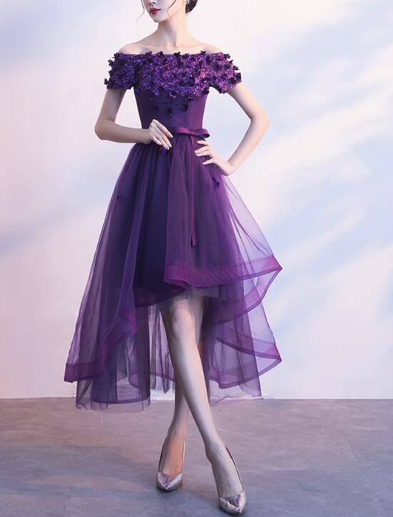 Dark Purple Off Shoulder High Low Dress, Beautiful Party Dresses Dark Purple Off Shoulder High Low Dress, Beautiful Party Dresses