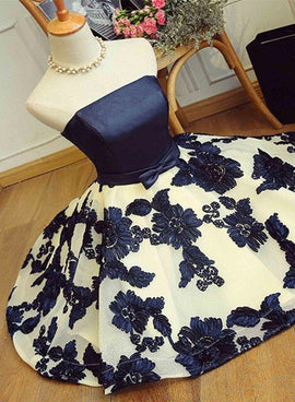 Cute Navy Blue Scoop Satin Party Dress, Short Formal Dress