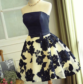 Cute Navy Blue Scoop Satin Party Dress, Short Formal Dress