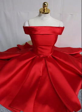 Red Satin Pretty Off Shoulder Knee Length Party Dress , Pretty Party Dress