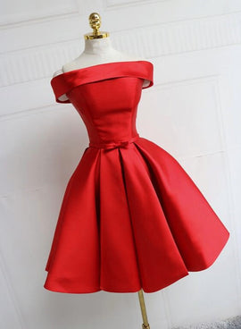 Red Satin Pretty Off Shoulder Knee Length Party Dress , Pretty Party Dress