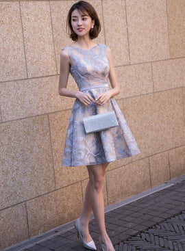 Grey Lace Round Neckline Knee Length Party Dress, Charming Formal Dress