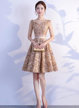 Beautiful Floral V-neckline Knee Length Party Dress, Handmade Party Dresses