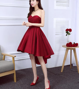 Wine Red Satin Cute High Low Homecoming Dresses, Sweetheart Party Dresses