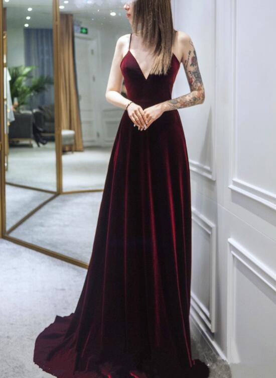 Dark Red Straps Velvet Deep V-neckline Party Gown, Beautiful Wedding P – Cutedressy Dark Red Straps Velvet Deep V-neckline Party Gown, Beautiful Wedding P – Cutedressy