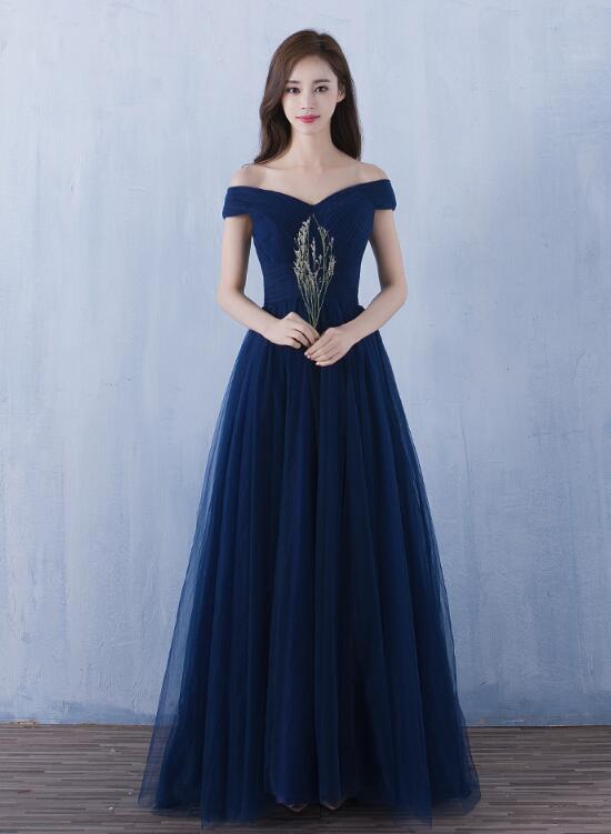 Simple Tulle Navy Blue Prom Dress, Sweetheart Off Shoulder Bridesmaid Cutedressy Simple Tulle Navy Blue Prom Dress, Sweetheart Off Shoulder Bridesmaid Cutedressy