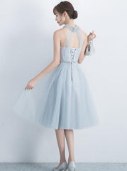 Beautiful Light Grey Halter Tulle Knee Length Party Dress , Charming Formal Dress Beautiful Light Grey Halter Tulle Knee Length Party Dress , Charming Formal Dress