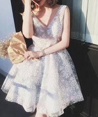 Light Grey Lace Homecoming Dress, V-neckline Formal Dress Light Grey Lace Homecoming Dress, V-neckline Formal Dress