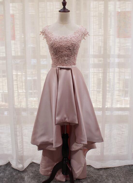 Beautiful Light Pink Round Neckline High Low Lace and Satin Prom Dress, Pink Homecoming Dresses