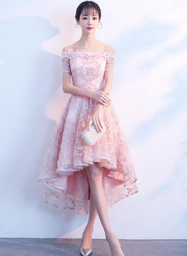 Light Pink Lace Off Shoulder High Low Party Dress, Pink Homecoming Dresses
