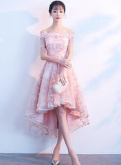 Light Pink Lace Off Shoulder High Low Party Dress, Pink Homecoming Dresses Light Pink Lace Off Shoulder High Low Party Dress, Pink Homecoming Dresses