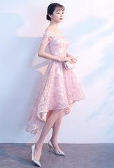 Light Pink Lace Off Shoulder High Low Party Dress, Pink Homecoming Dresses Light Pink Lace Off Shoulder High Low Party Dress, Pink Homecoming Dresses