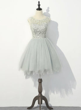 Cute Grey with Lace Round Neckline Party Dress, Women Formal Dresses