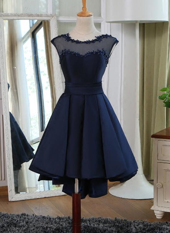 Beautiful Navy Blue Satin High Low Formal Dress, Dark Blue Homecoming Beautiful Navy Blue Satin High Low Formal Dress, Dark Blue Homecoming