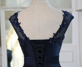 Beautiful Navy Blue Satin High Low Formal Dress, Dark Blue Homecoming Dress