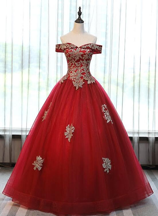 Beautiful Red Off Shoulder Long Sweet 16 Dress with Gold Lace Top, Par